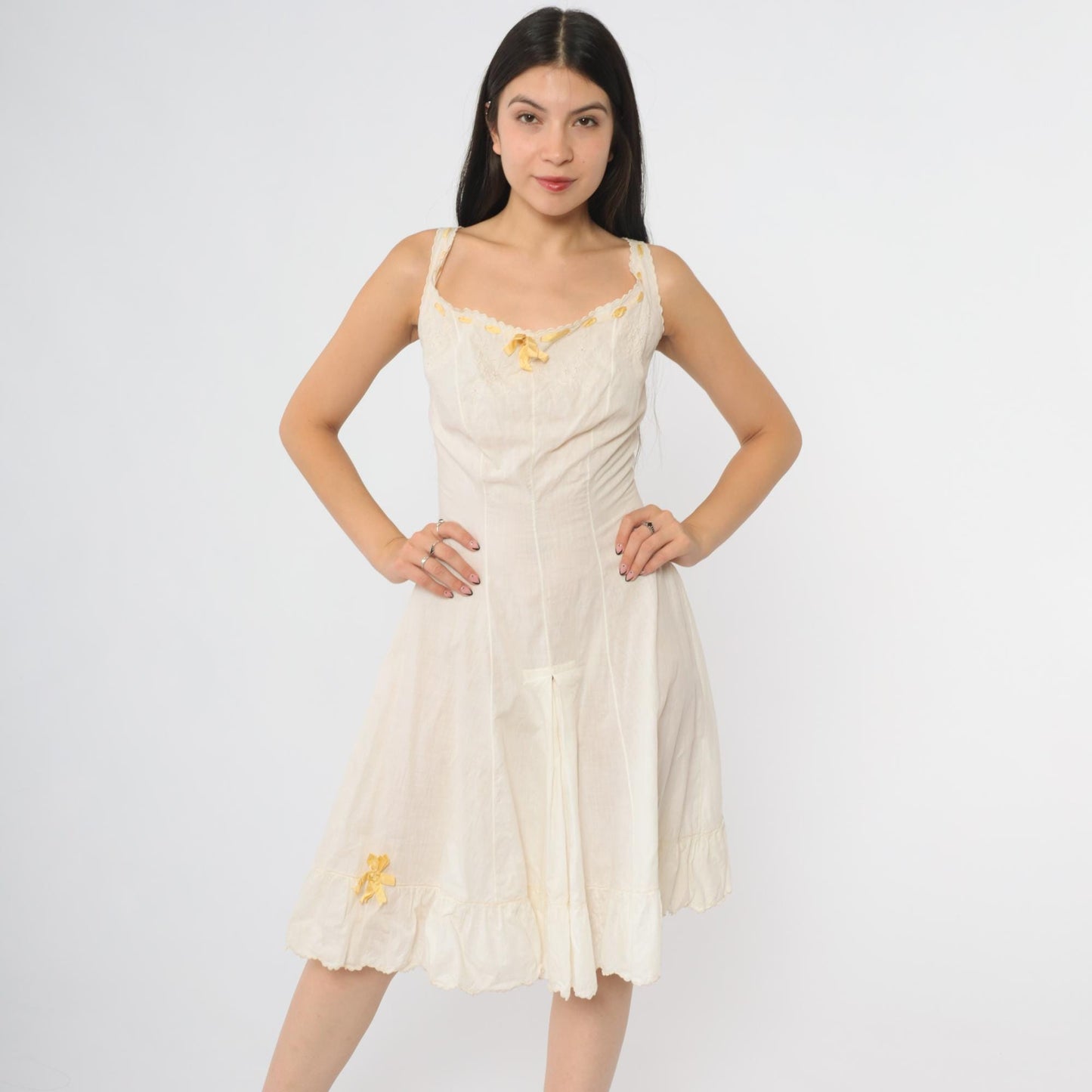 1930s White Cotton Step-In Chemise Embroidered Yellow Ribbon Trim Extra Small XS