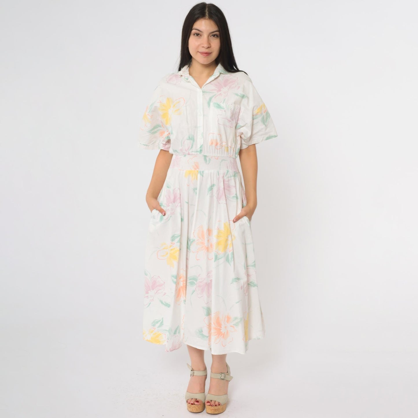 80s Carol Anderson Floral Midi Dress Pastel Watercolor Smocked Waist Small