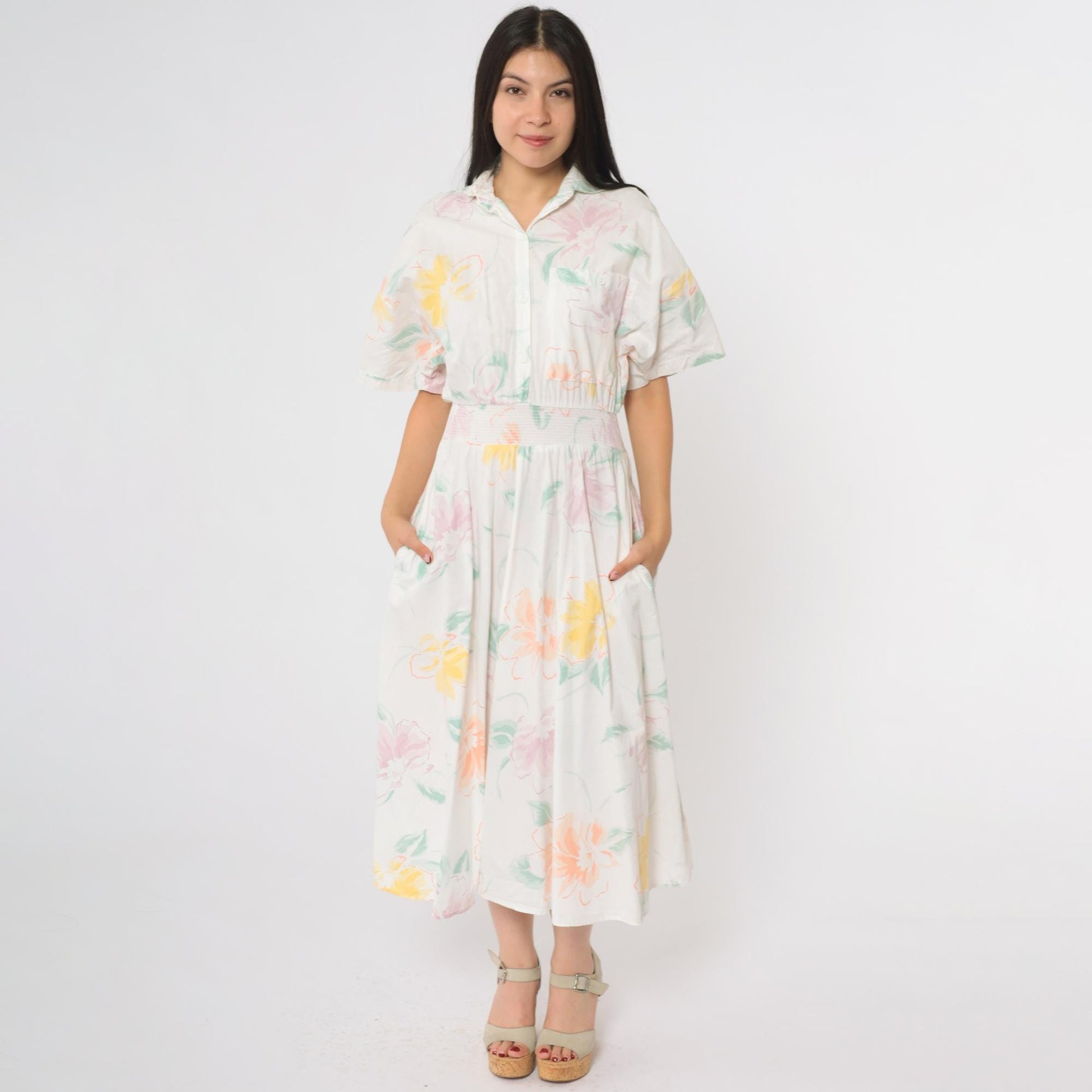 80s Carol Anderson Floral Midi Dress Pastel Watercolor Smocked Waist Small