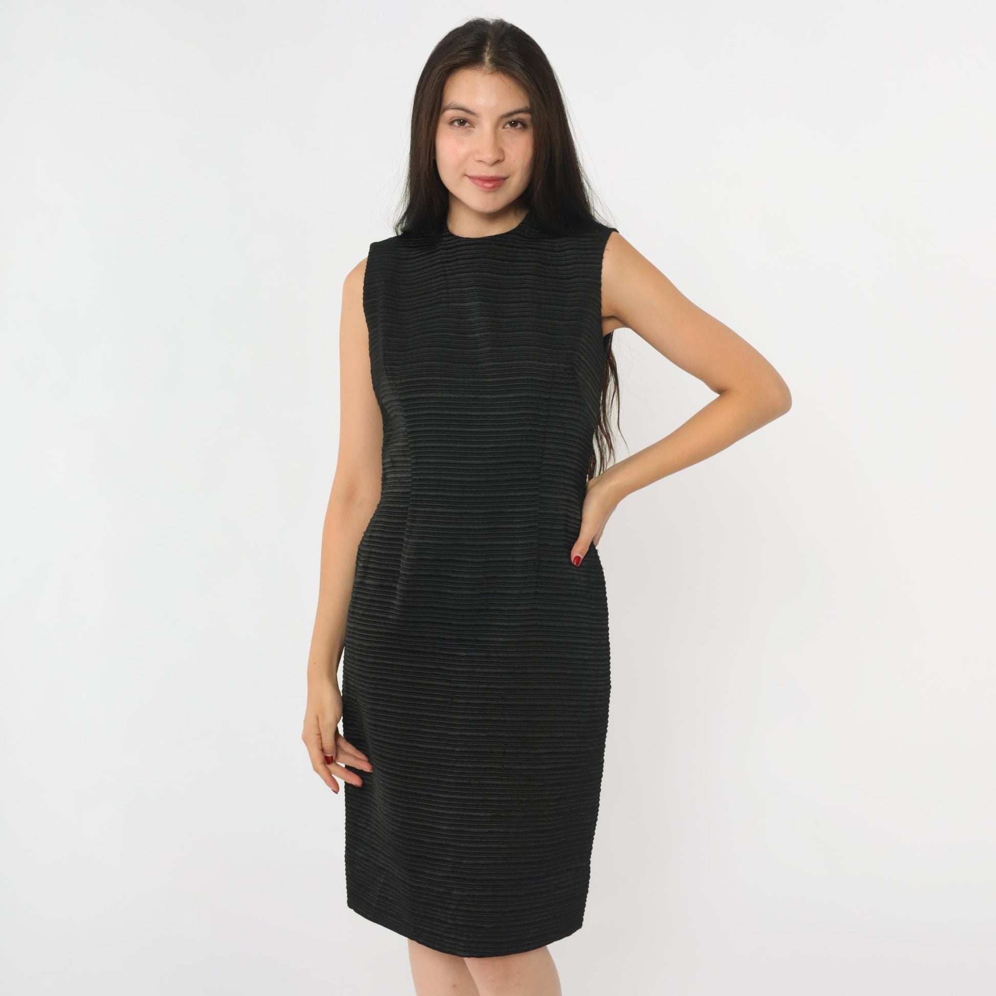 60s Black Ribbed Sheath Dress Sleeveless Knee Length Cocktail Extra Small XS