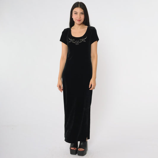 90s Danielle Casey Black Velvet Maxi Dress Embroidered Floral Scoop Neck Small 6