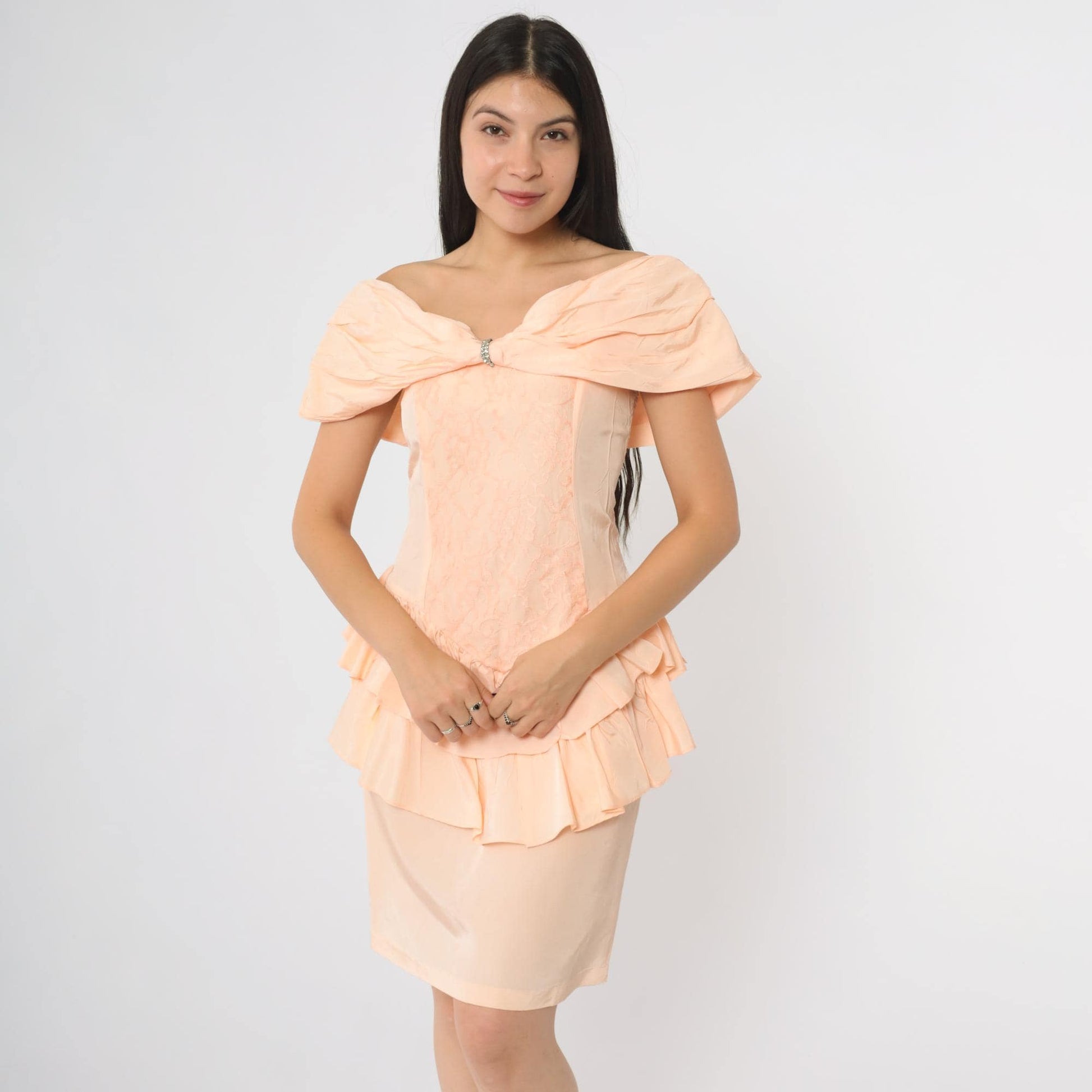 80s Peach Off-Shoulder Ruffle Peplum Dress Rhinestone Detail Small S