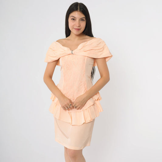 80s Peach Off-Shoulder Ruffle Peplum Dress Rhinestone Detail Small S