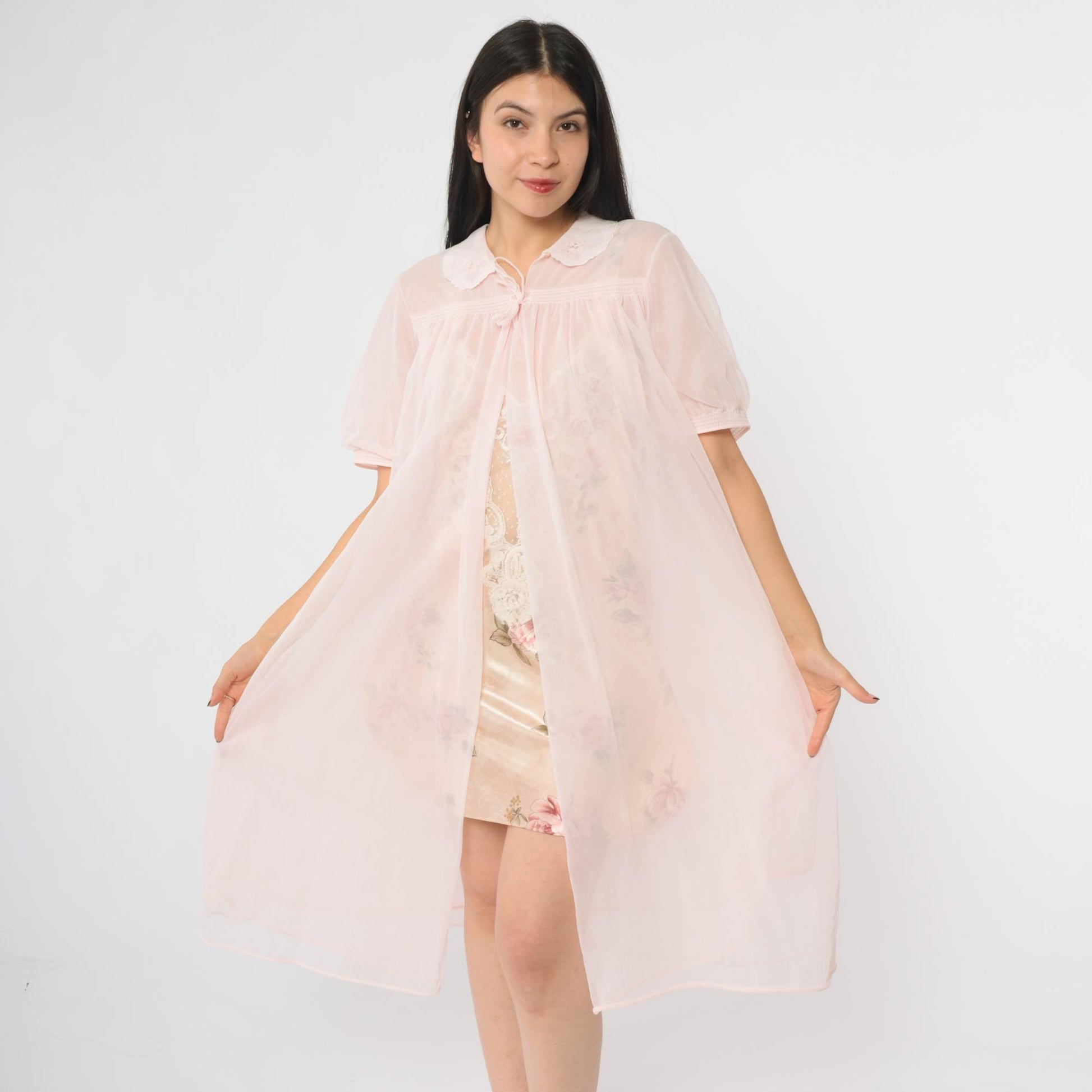70s Pink Nylon Nightgown Peter Pan Collar Tie Front Midi Medium Large