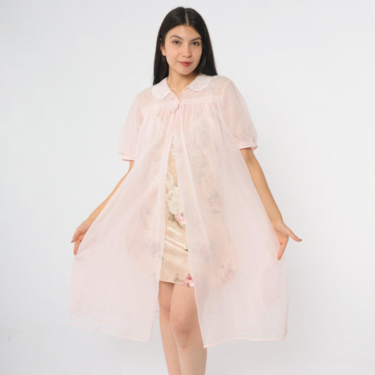 70s Pink Nylon Nightgown Peter Pan Collar Tie Front Midi Medium Large