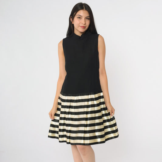 60s Black White Striped Mock Turtleneck Mini Dress Drop Waist A-Line Small