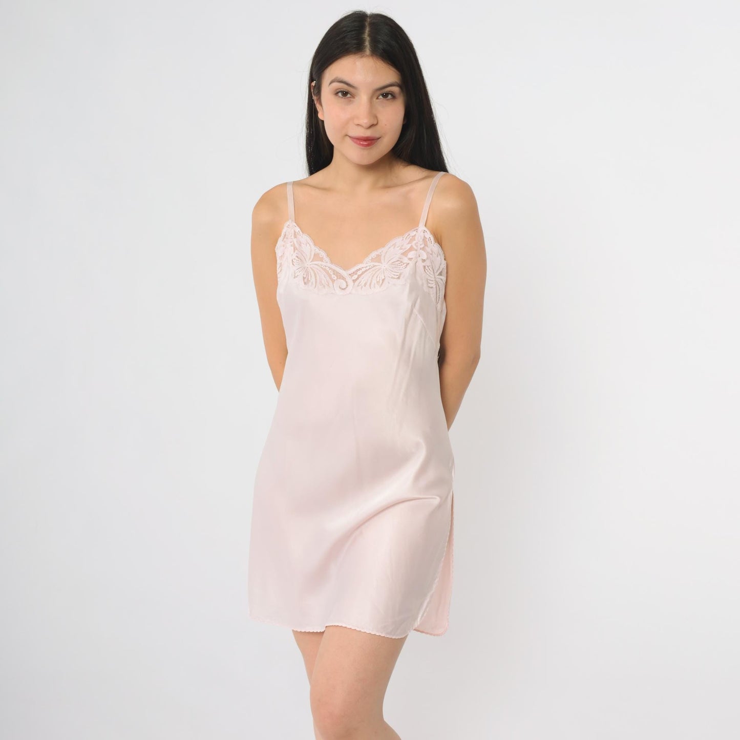 70s Wonder Maid Pink Slip Dress Midi V-Neck Empire Waist Small