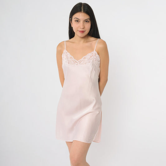 70s Wonder Maid Pink Slip Dress Midi V-Neck Empire Waist Small