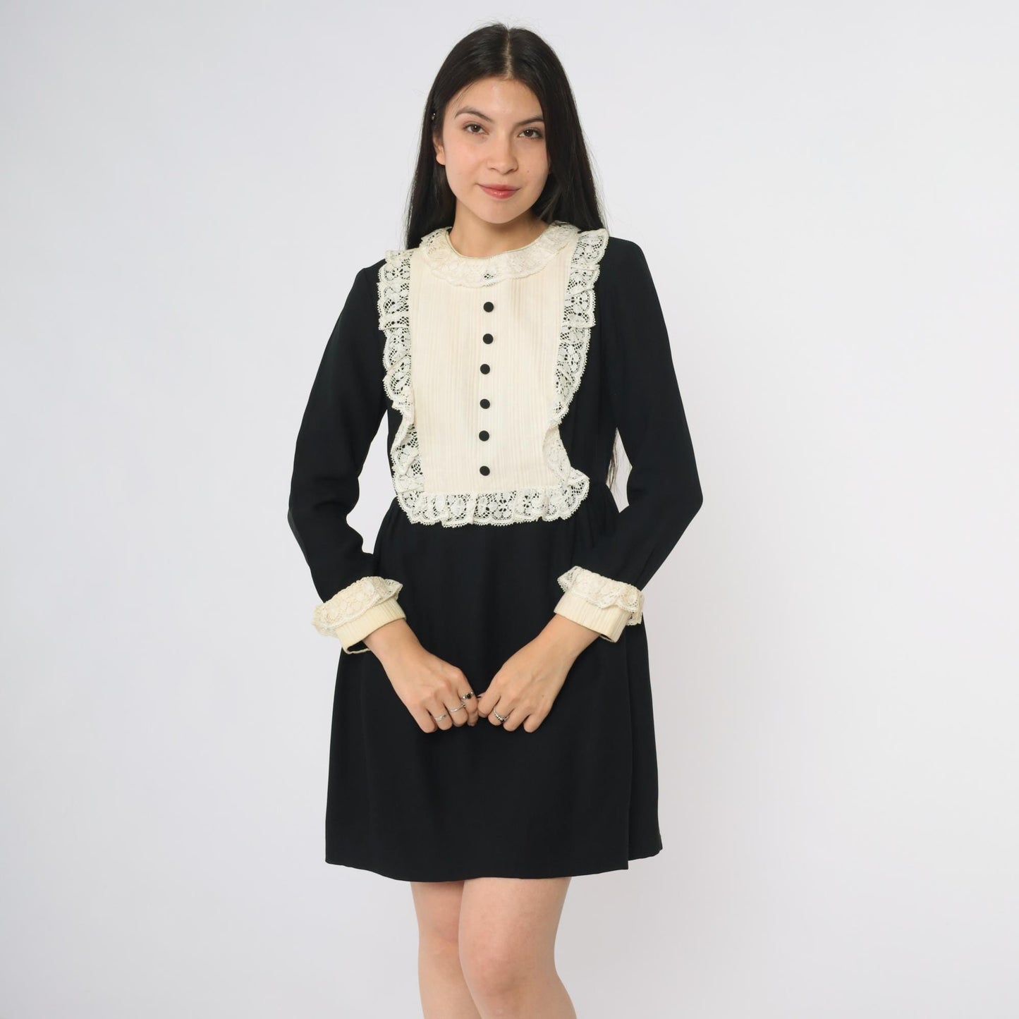 60s Black Babydoll Mini Dress White Lace Bib Long Sleeve Medium