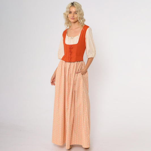 70s Prairie Maxi Dress Lace-Up Corset Bodice Puff Sleeve Orange Cream Medium M