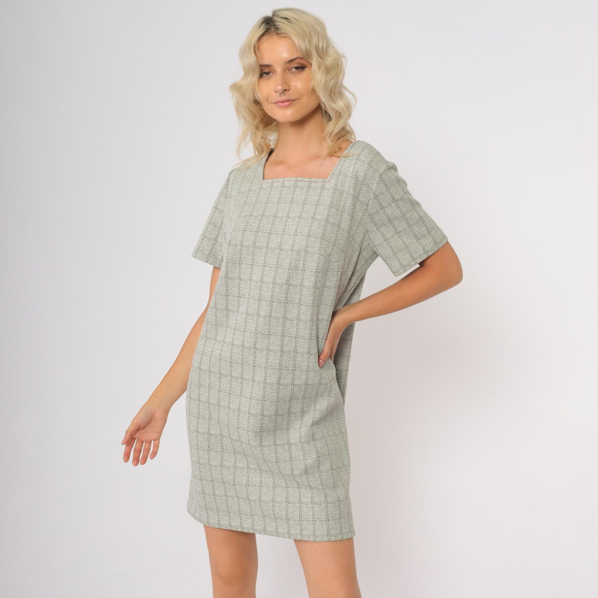60s Plaid Mini Shift Dress Grey Square Neckline Mod Short Sleeve Medium