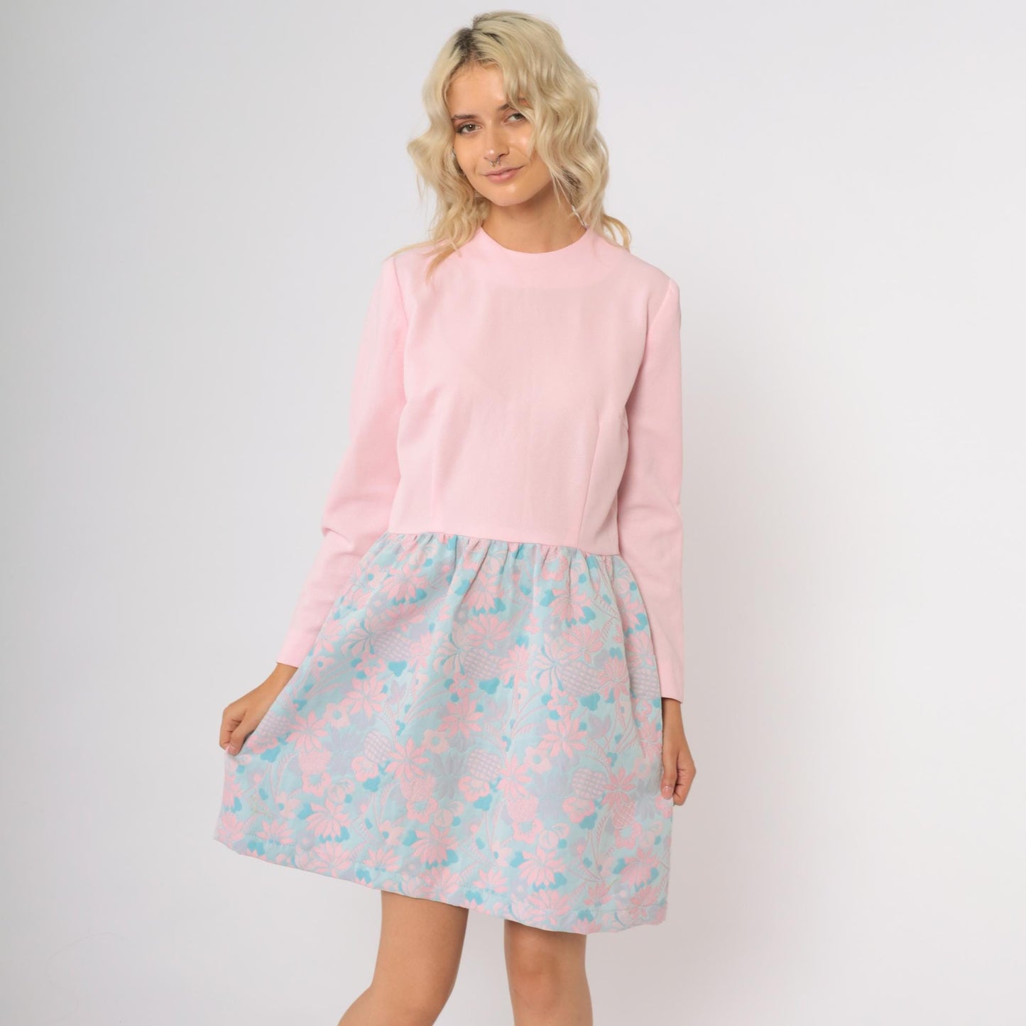70s Pink Aqua Floral Mini Dress Long Sleeve Mock Neck A-Line Large