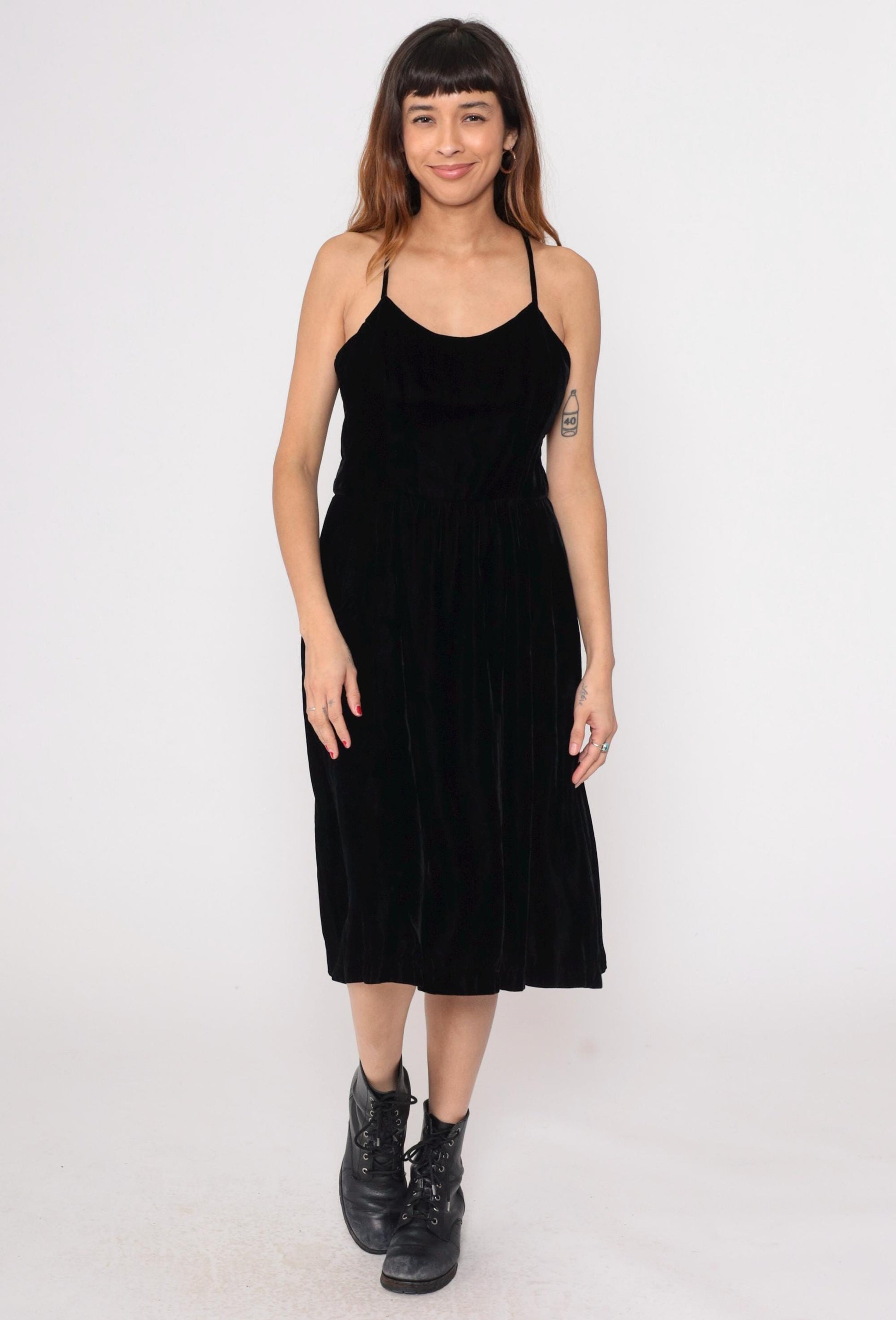90s Black Velvet Midi Dress Spaghetti Strap Scoop Neck Large L