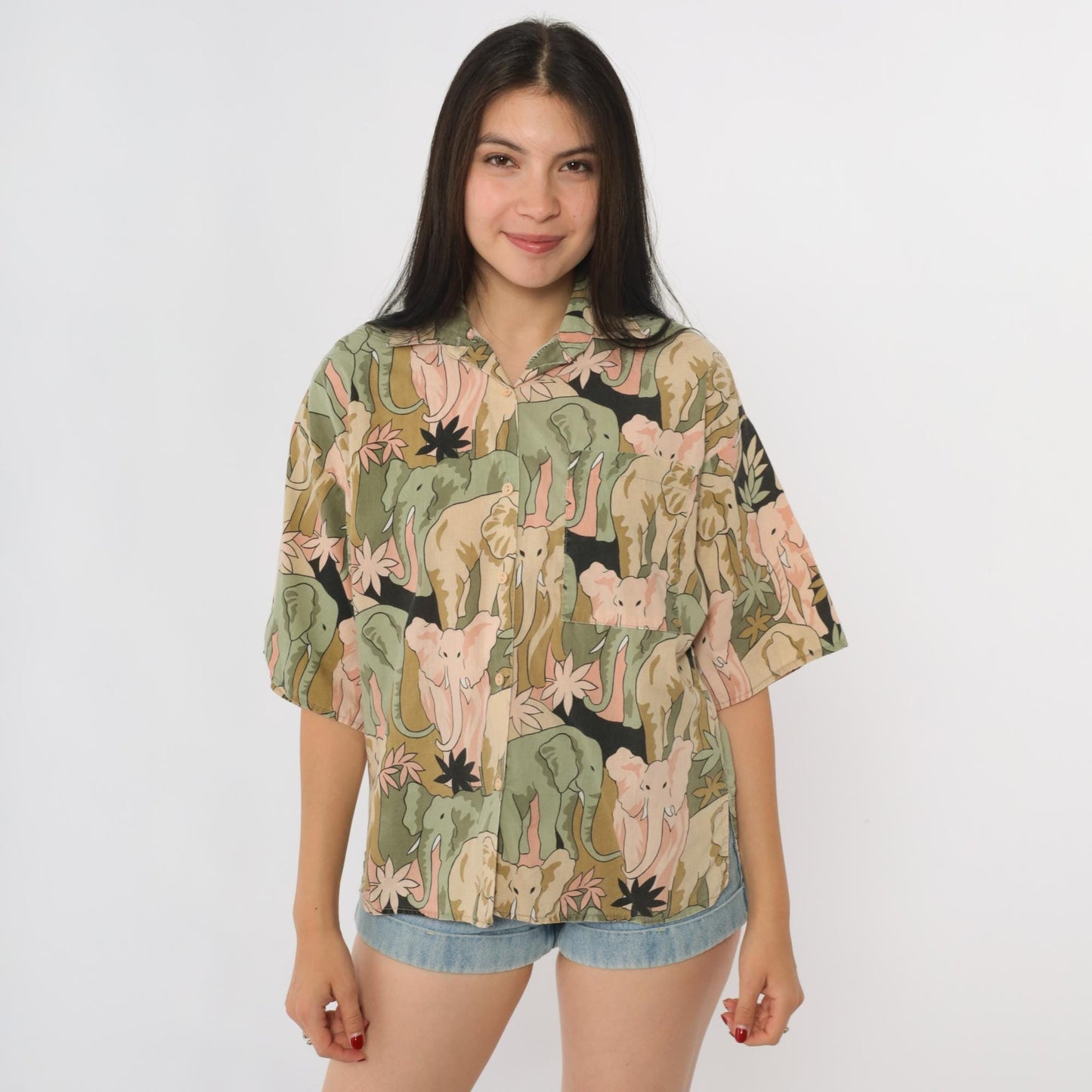 90s Soho Elephant Print Shirt Cotton Button Front Small