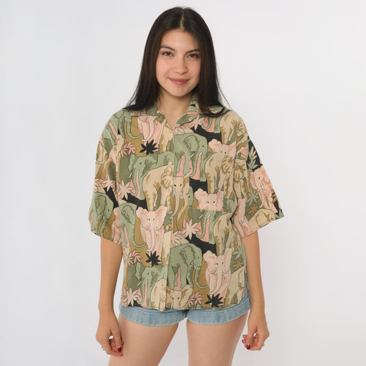 90s Soho Elephant Print Shirt Cotton Button Front Small