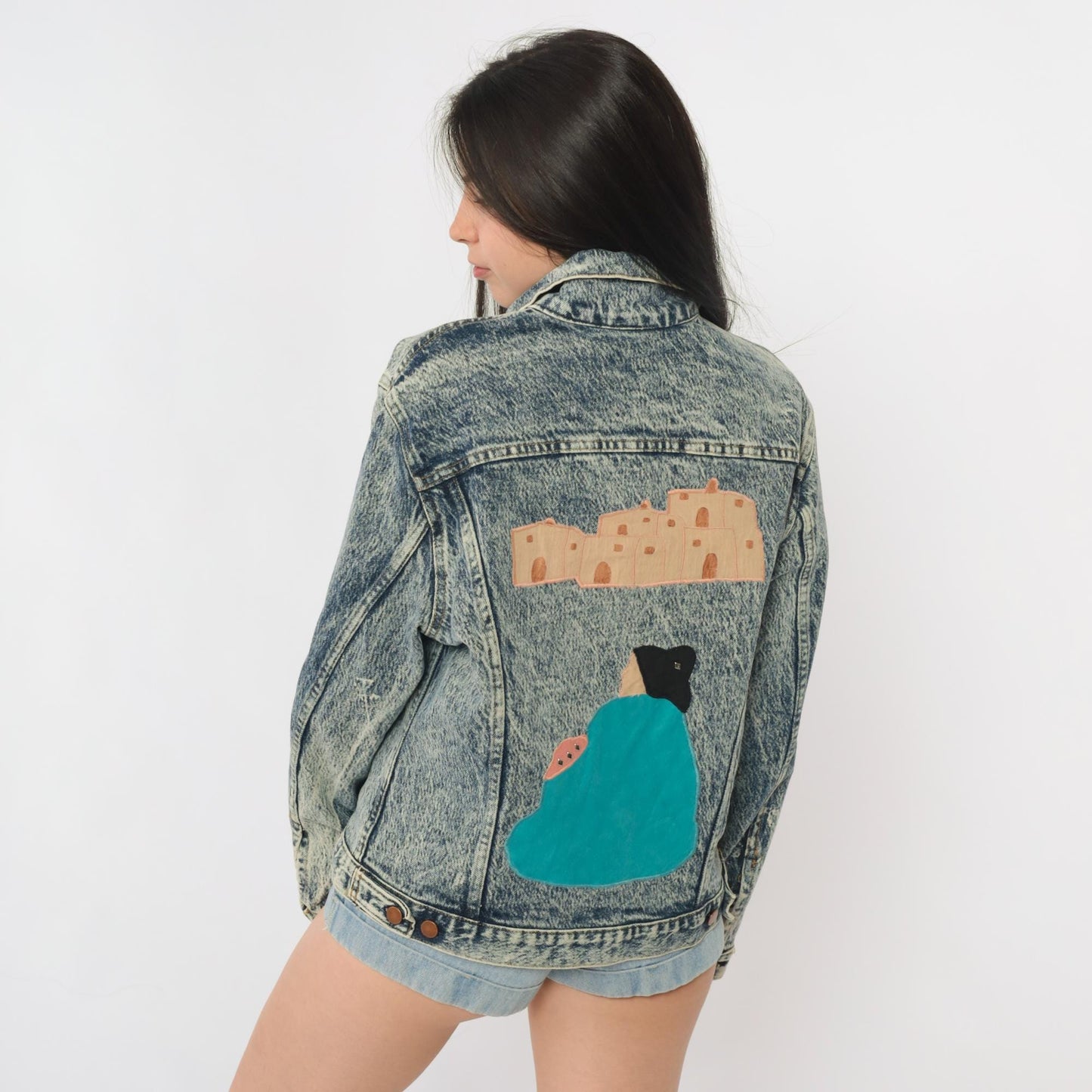 90s Bristol Blues Acid Wash Denim Jacket Painted Southwest Adobe Pueblo Small