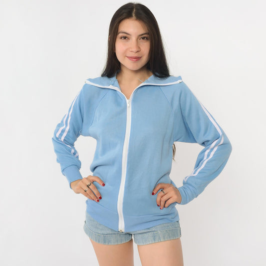 80s Sears Light Blue Striped Track Jacket Zip Front Hoodie Small