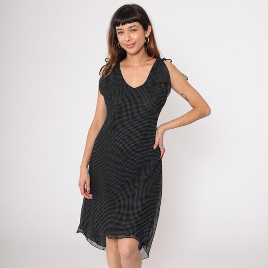 90s Black Swiss Dot Midi Dress Sleeveless V-Neck Tie Shoulder Chiffon Medium
