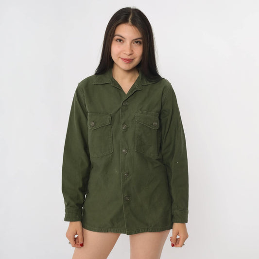 80s Army Green Military Utility Button-Down Shirt Cotton Sateen Small
