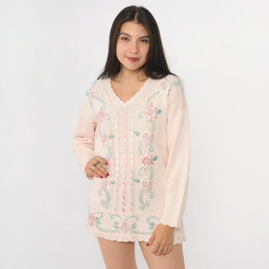 90s Carolyn Taylor Pink Floral Embroidered Knit Sweater V-Neck Medium M