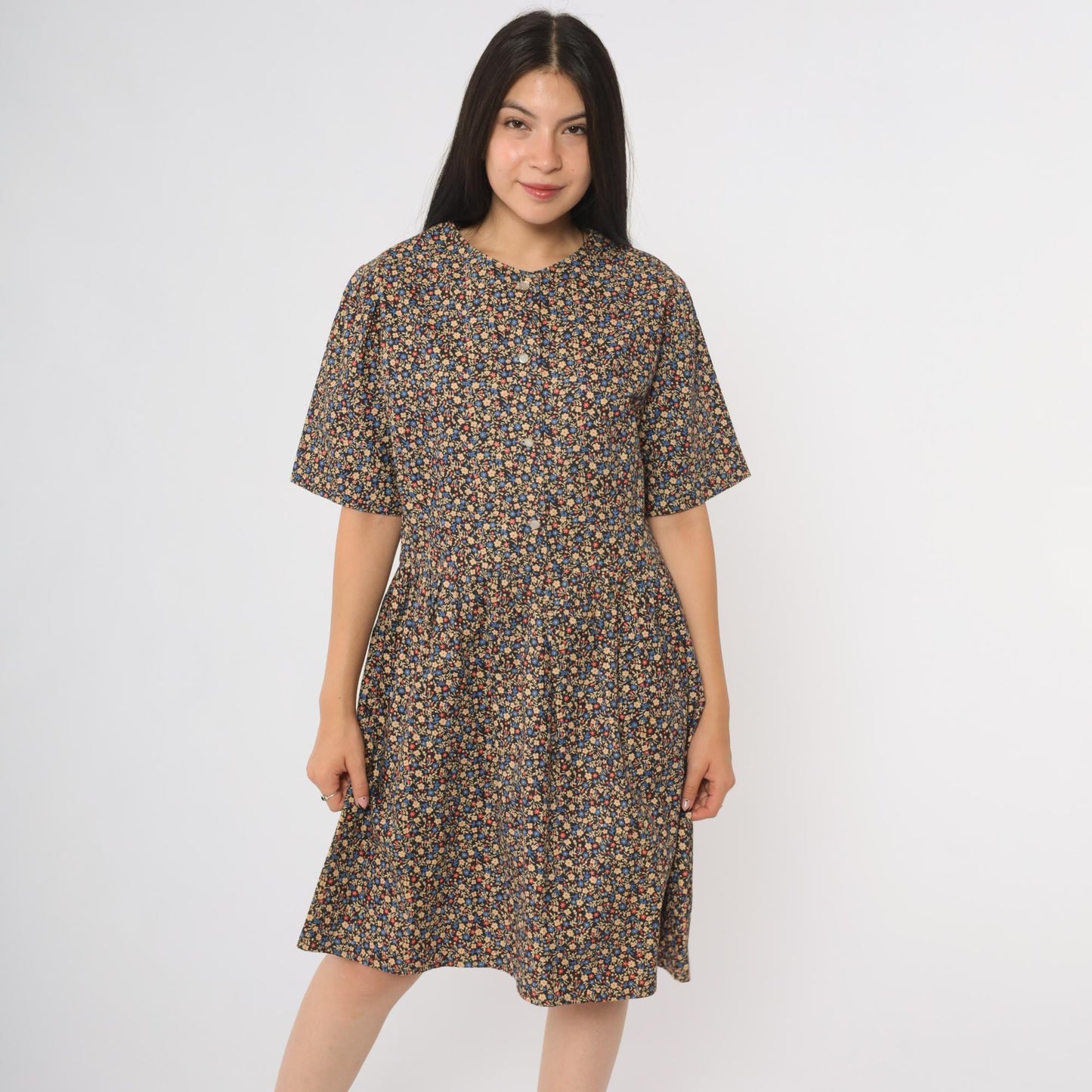 60s Navy Floral Mini Dress A-Line Button Front Short Sleeve Large
