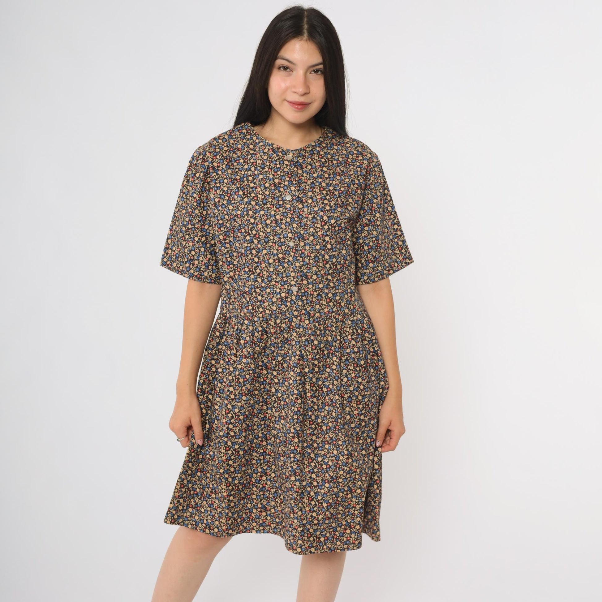 60s Navy Floral Mini Dress A-Line Button Front Short Sleeve Large