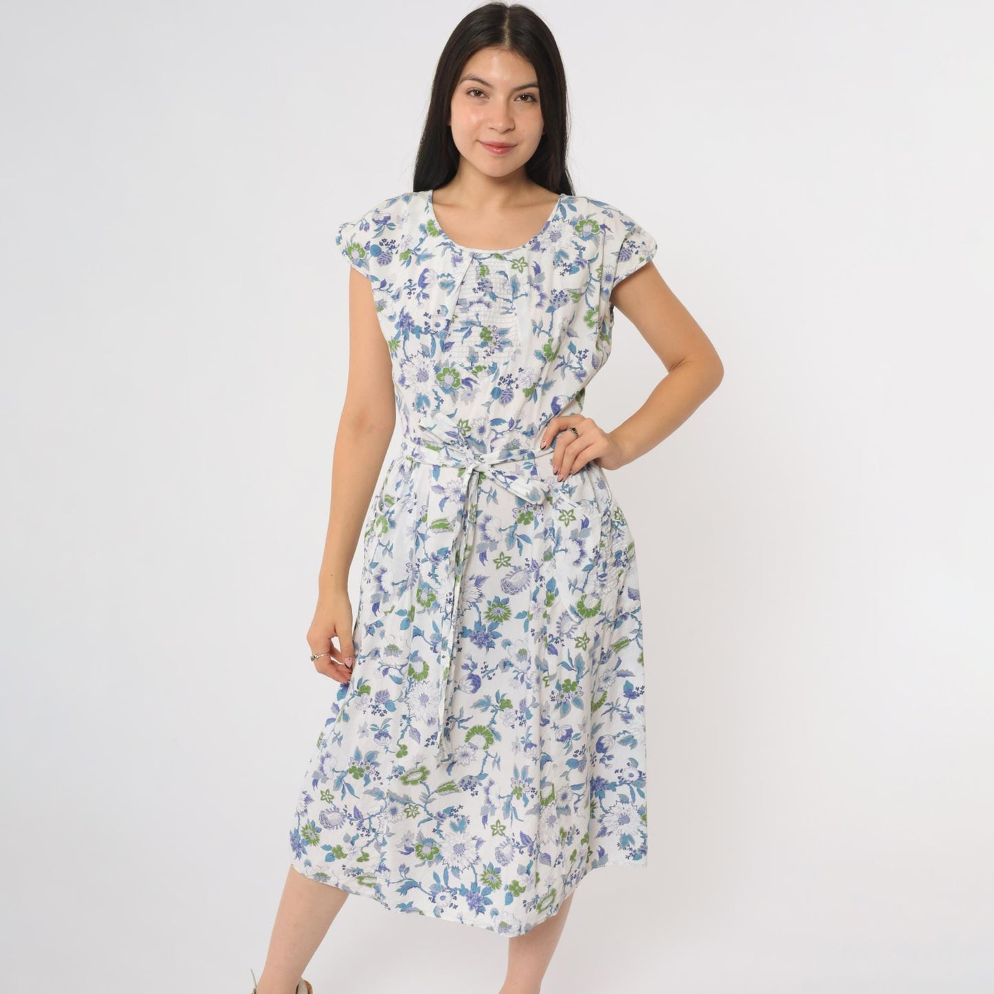 60s Swirl Floral Wrap Dress Blue White Cap Sleeve Midi Tie Waist Medium M