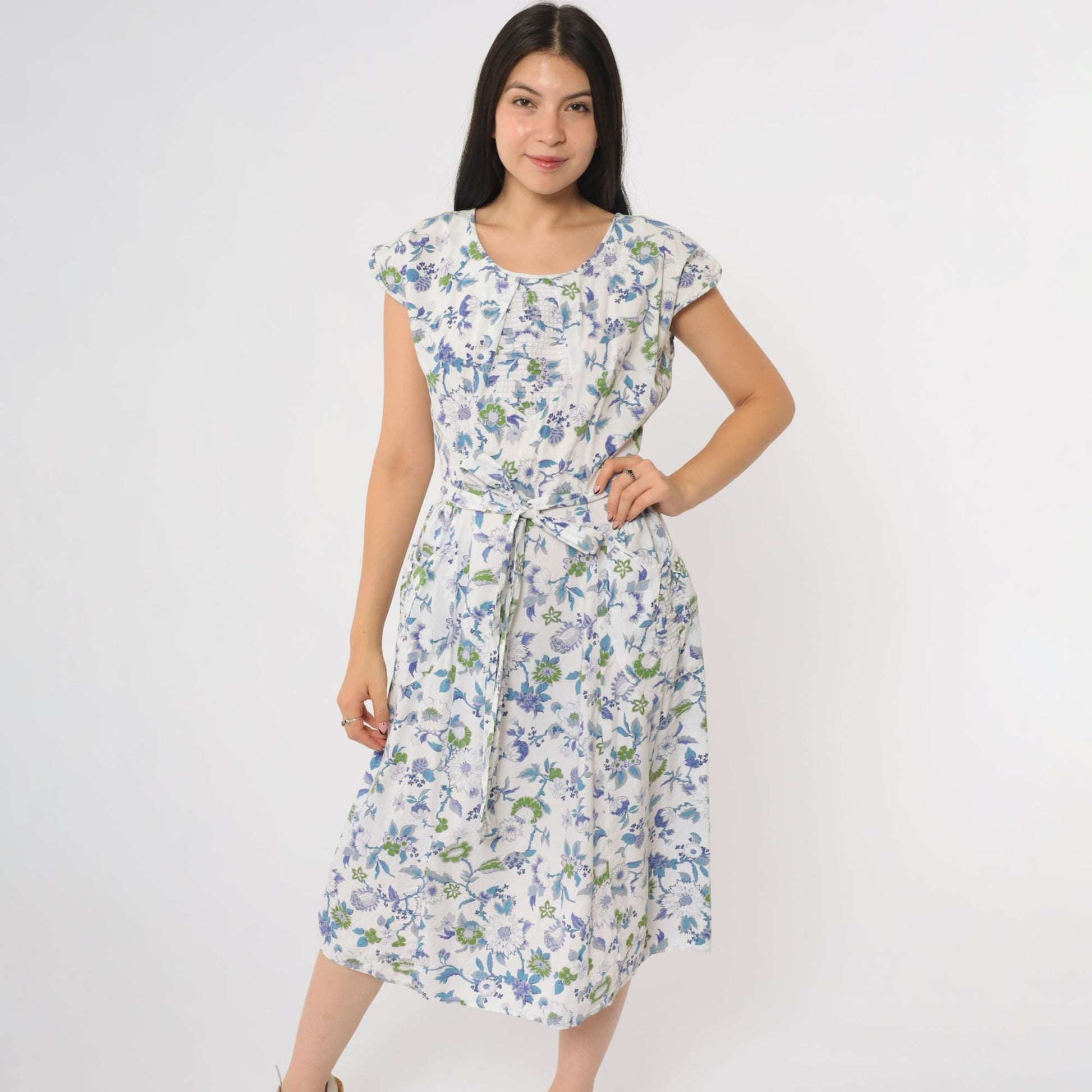 60s Swirl Floral Wrap Dress Blue White Cap Sleeve Midi Tie Waist Medium M