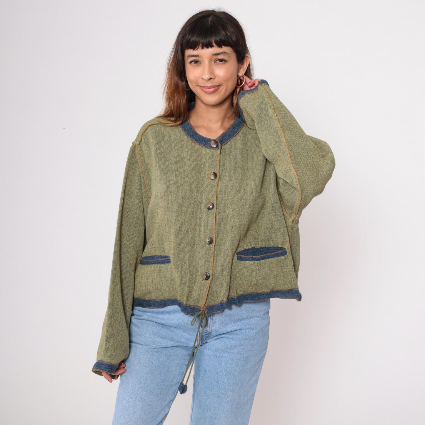Y2K Tribe Green Cotton Cardigan Blue Trim Drawstring Waist Extra Large XXL