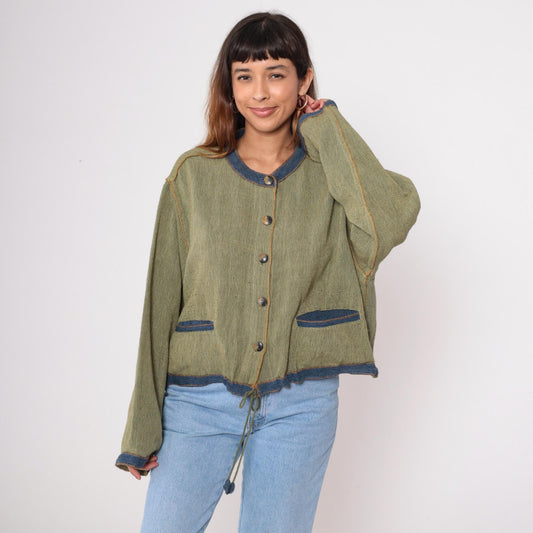 Y2K Tribe Green Cotton Cardigan Blue Trim Drawstring Waist Extra Large XXL