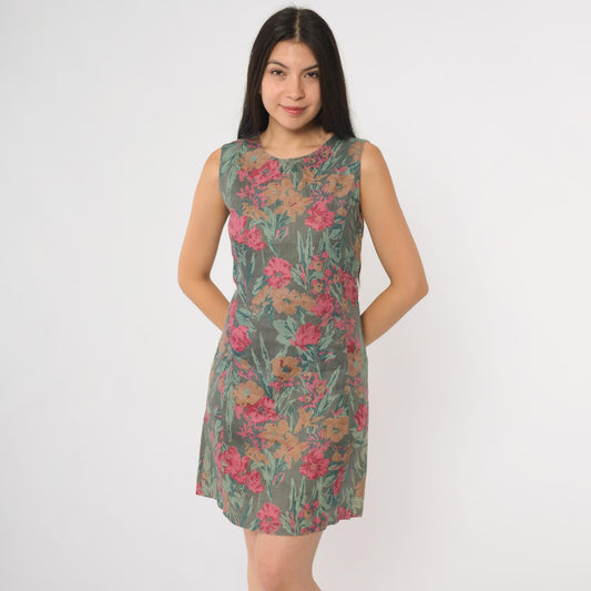 90s Floral Shift Dress Grey Green Pink Brown Botanical Midi Sleeveless Small