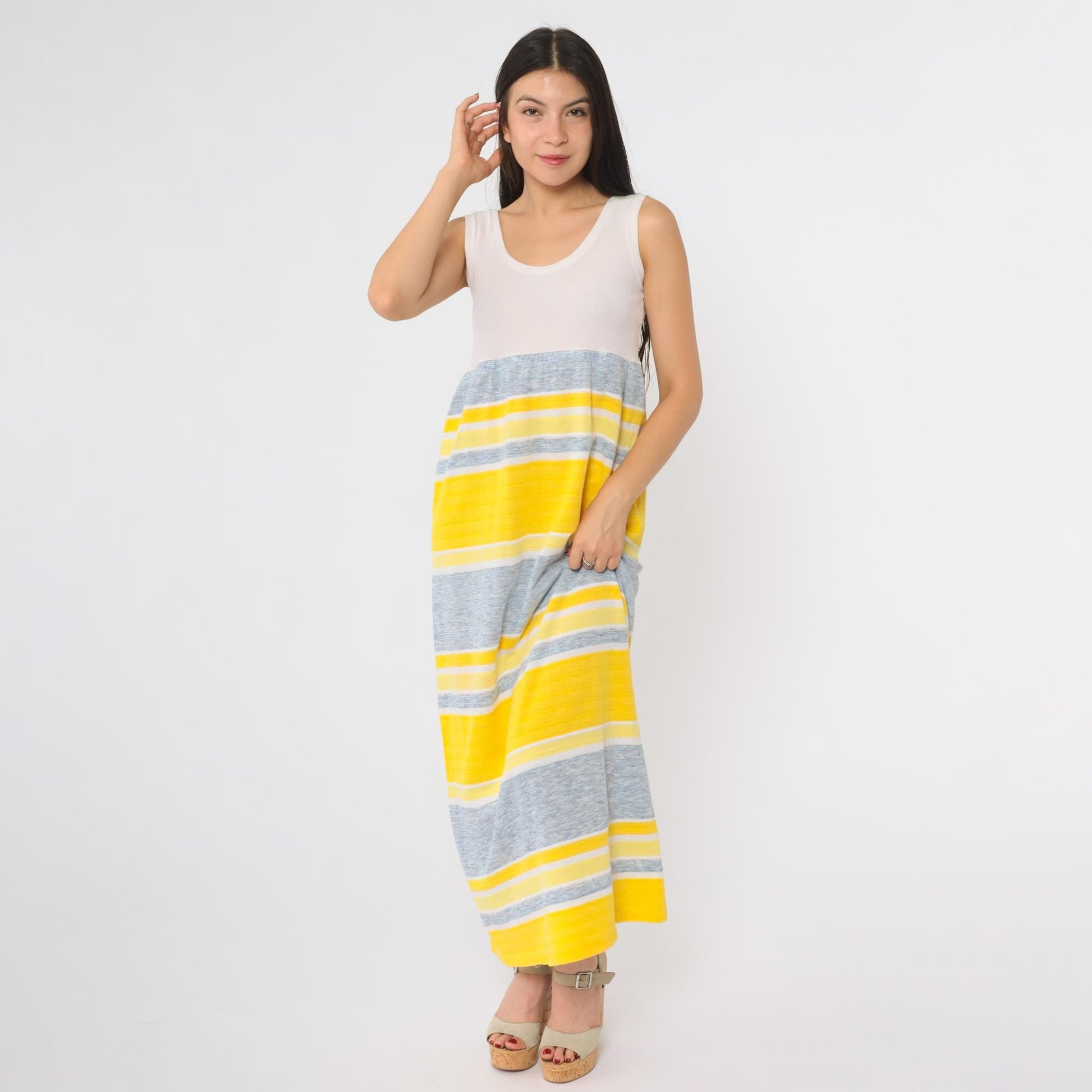 70s Yellow Grey Striped Maxi Dress Sleeveless Scoop Neck A-Line Medium