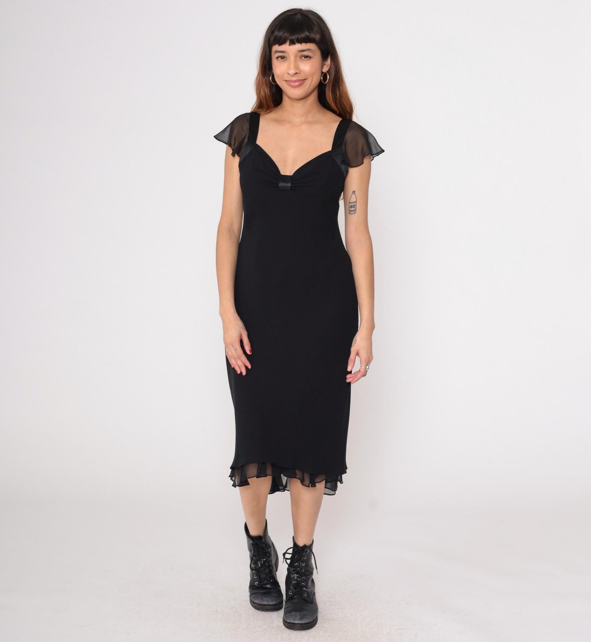 90s Jones Wear Black Chiffon Midi Dress Flutter Sleeve V-Neck Medium
