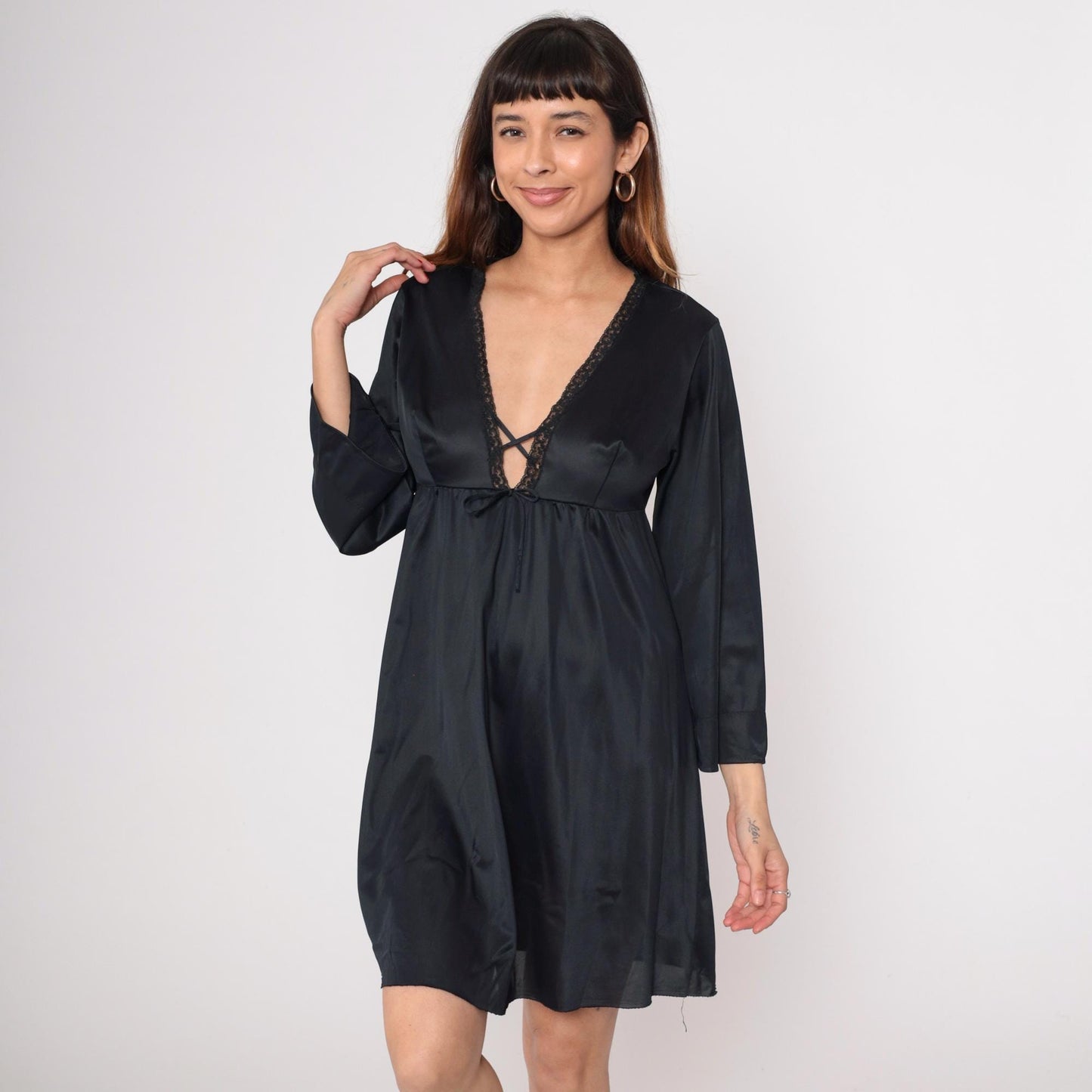 80s Black Nylon Deep V Mini Dress Empire Waist Long Sleeve Small