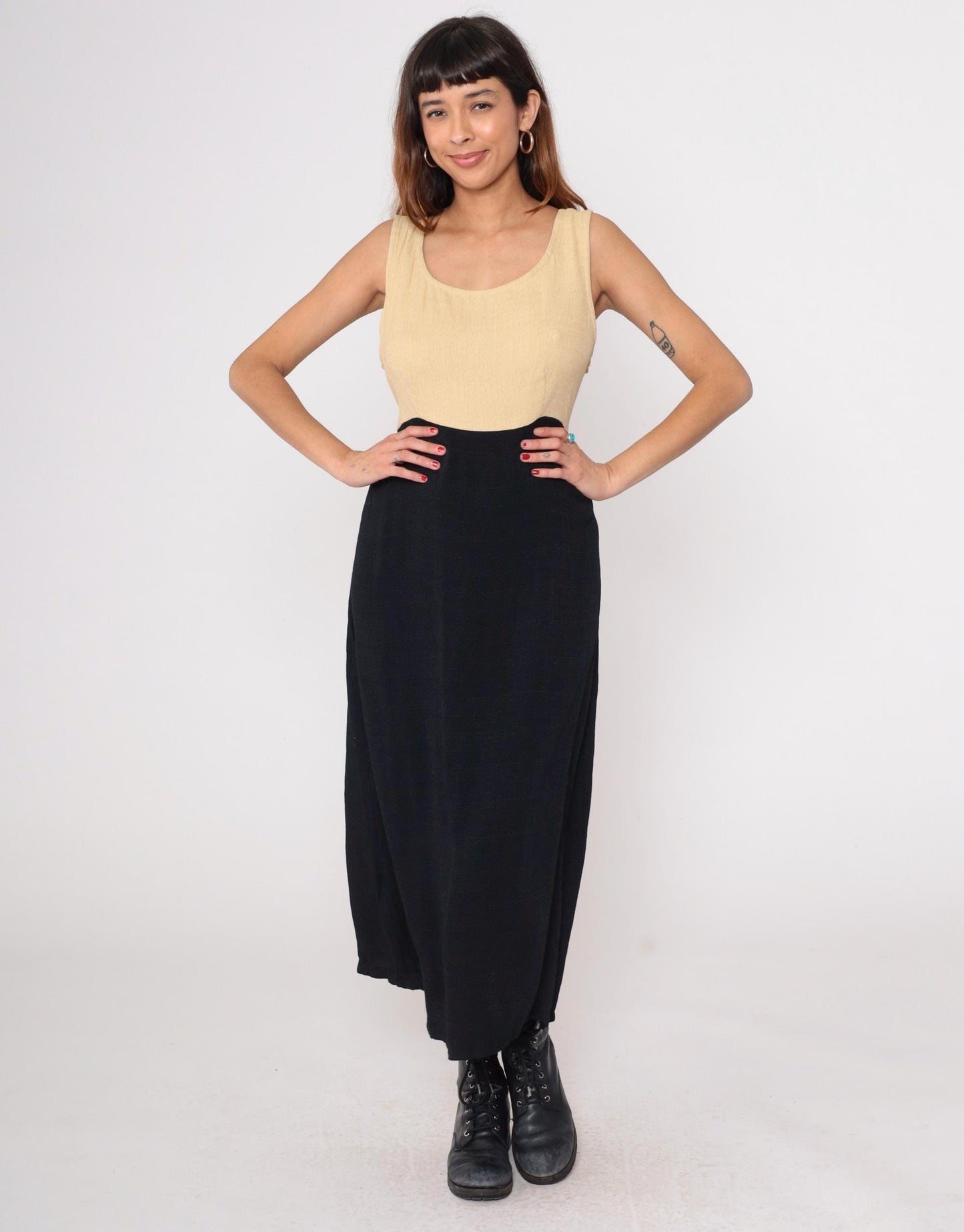 90s K Studio Color Block Maxi Dress Cream Black Tank Sleeveless Large