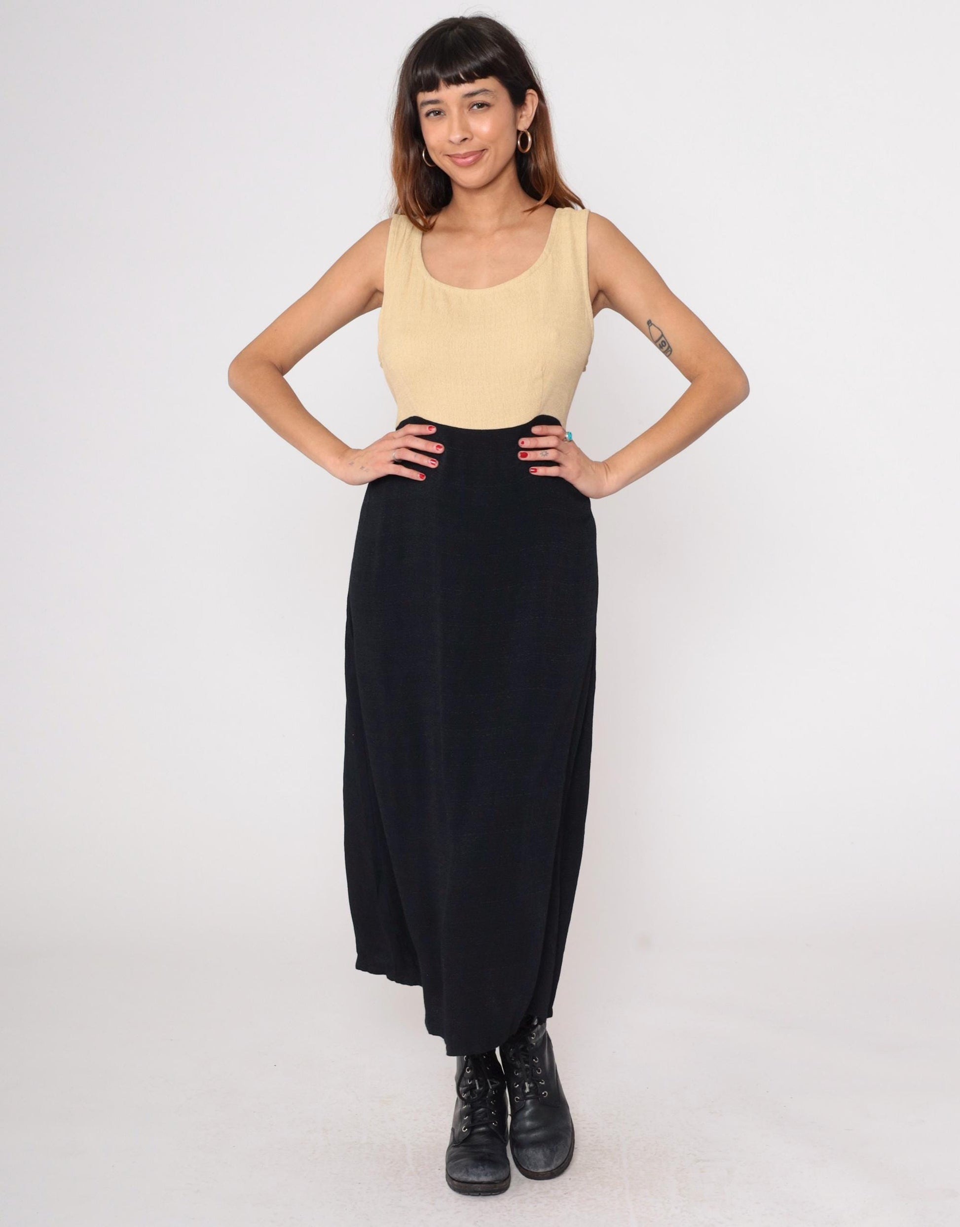 90s K Studio Color Block Maxi Dress Cream Black Tank Sleeveless Large