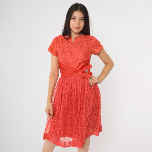 60s Coral Lace Midi Dress V Neck Short Sleeve Bow Belt Rhinestone Brooch XS