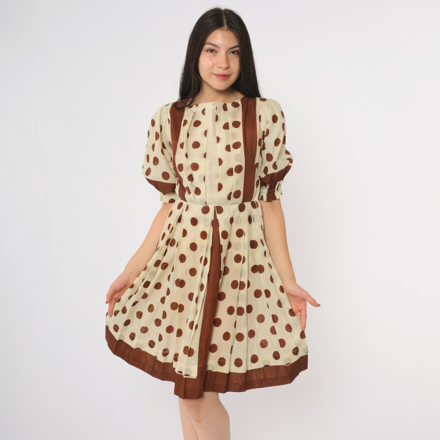 60s Brown White Polka Dot Puff Sleeve Dress Knee Length Extra Small XS