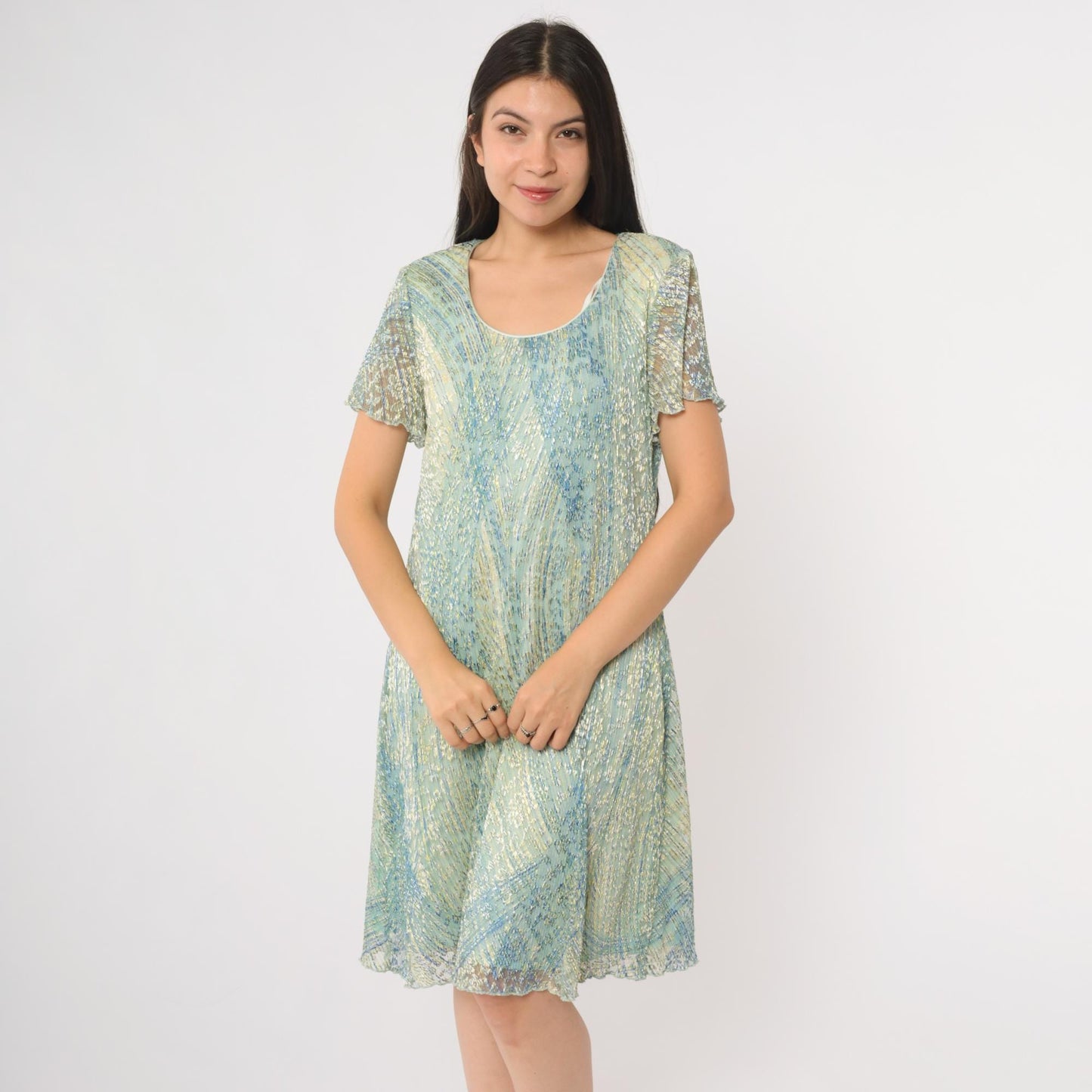 90s Ronni Nicole Iridescent Shimmer Shift Dress Blue Green Knee Length Large