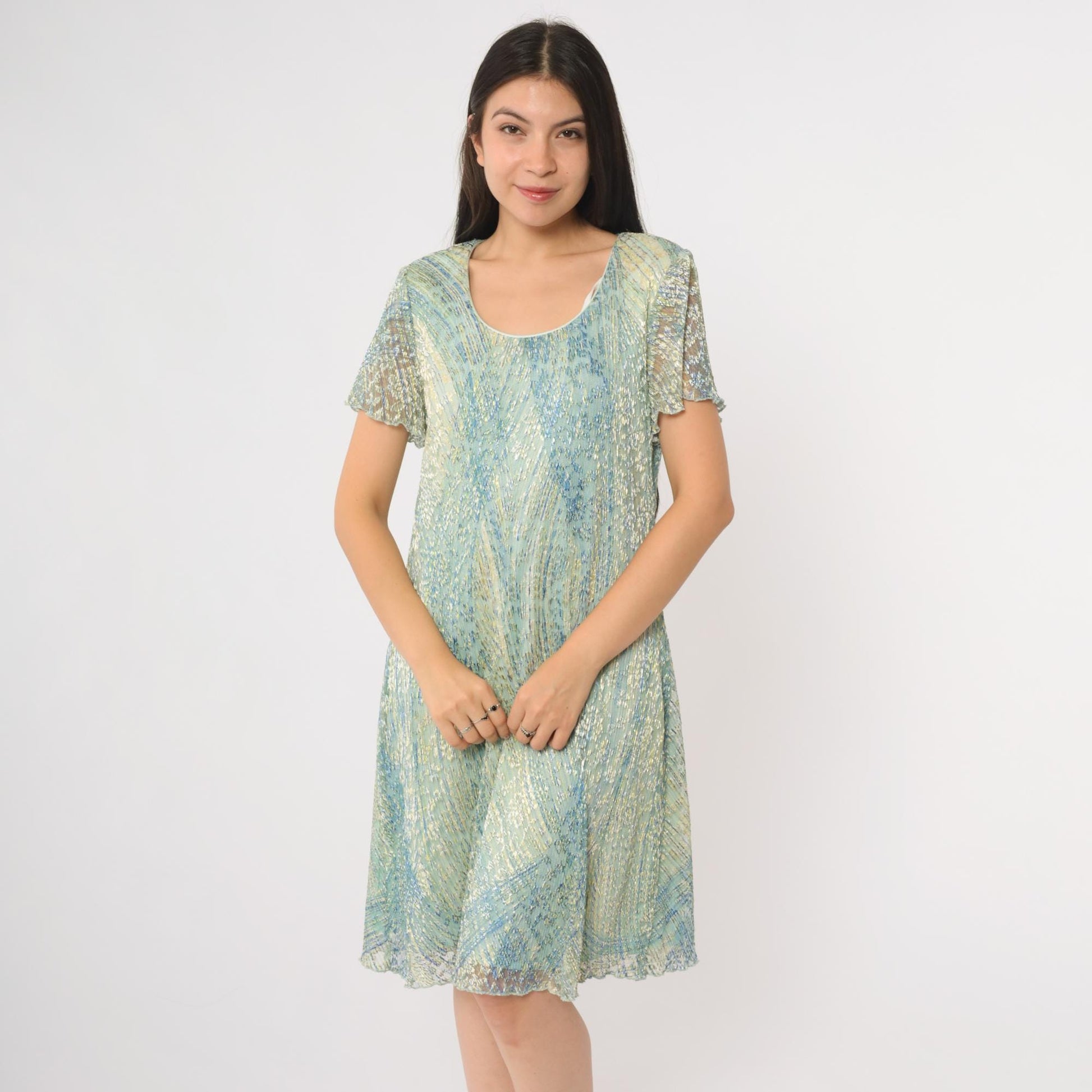 90s Ronni Nicole Iridescent Shimmer Shift Dress Blue Green Knee Length Large