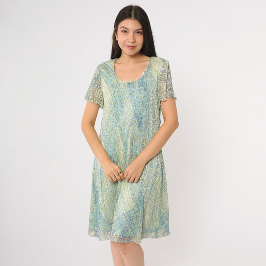 90s Ronni Nicole Iridescent Shimmer Shift Dress Blue Green Knee Length Large