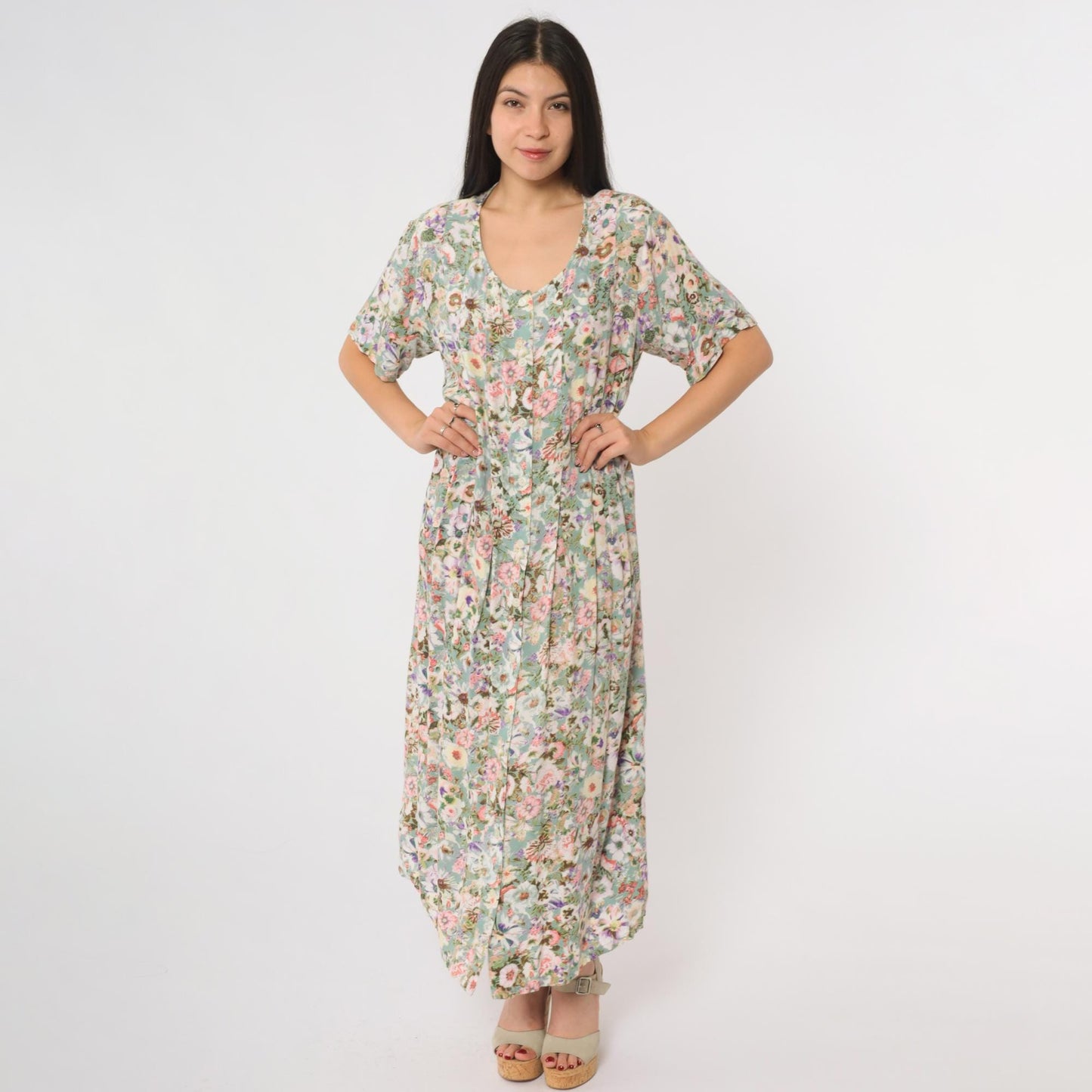 Y2K Floral Maxi Dress Sleeveless Scoop Neck Pink Green Botanical Rayon Medium