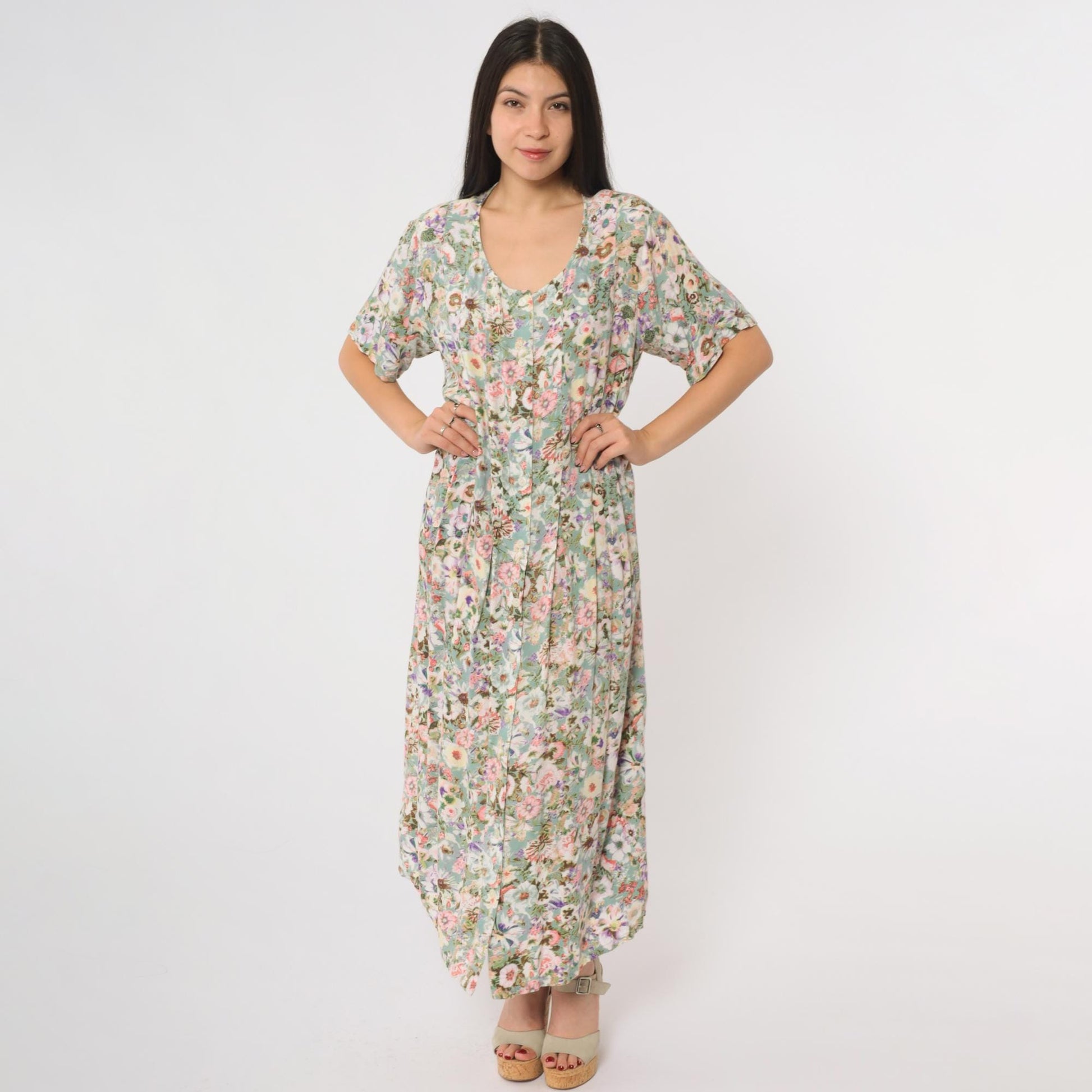 Y2K Floral Maxi Dress Sleeveless Scoop Neck Pink Green Botanical Rayon Medium