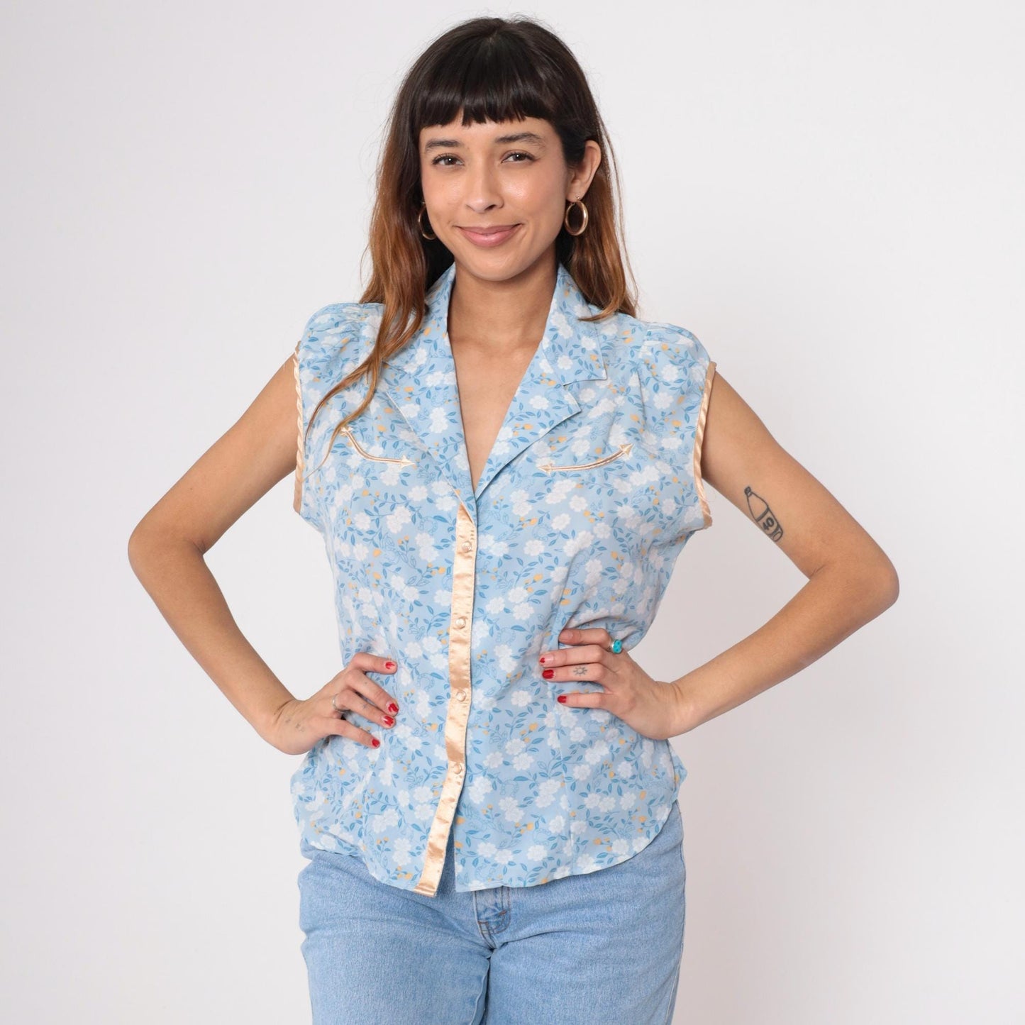 Y2K Shyanne Western Sleeveless Blouse Blue Floral Pearl Snap Large L