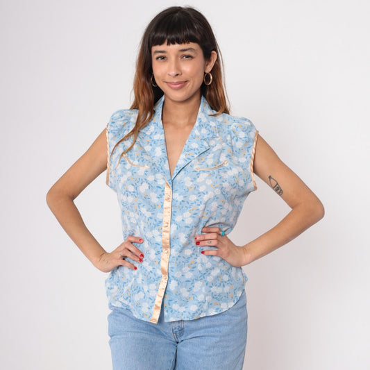 Y2K Shyanne Western Sleeveless Blouse Blue Floral Pearl Snap Large L