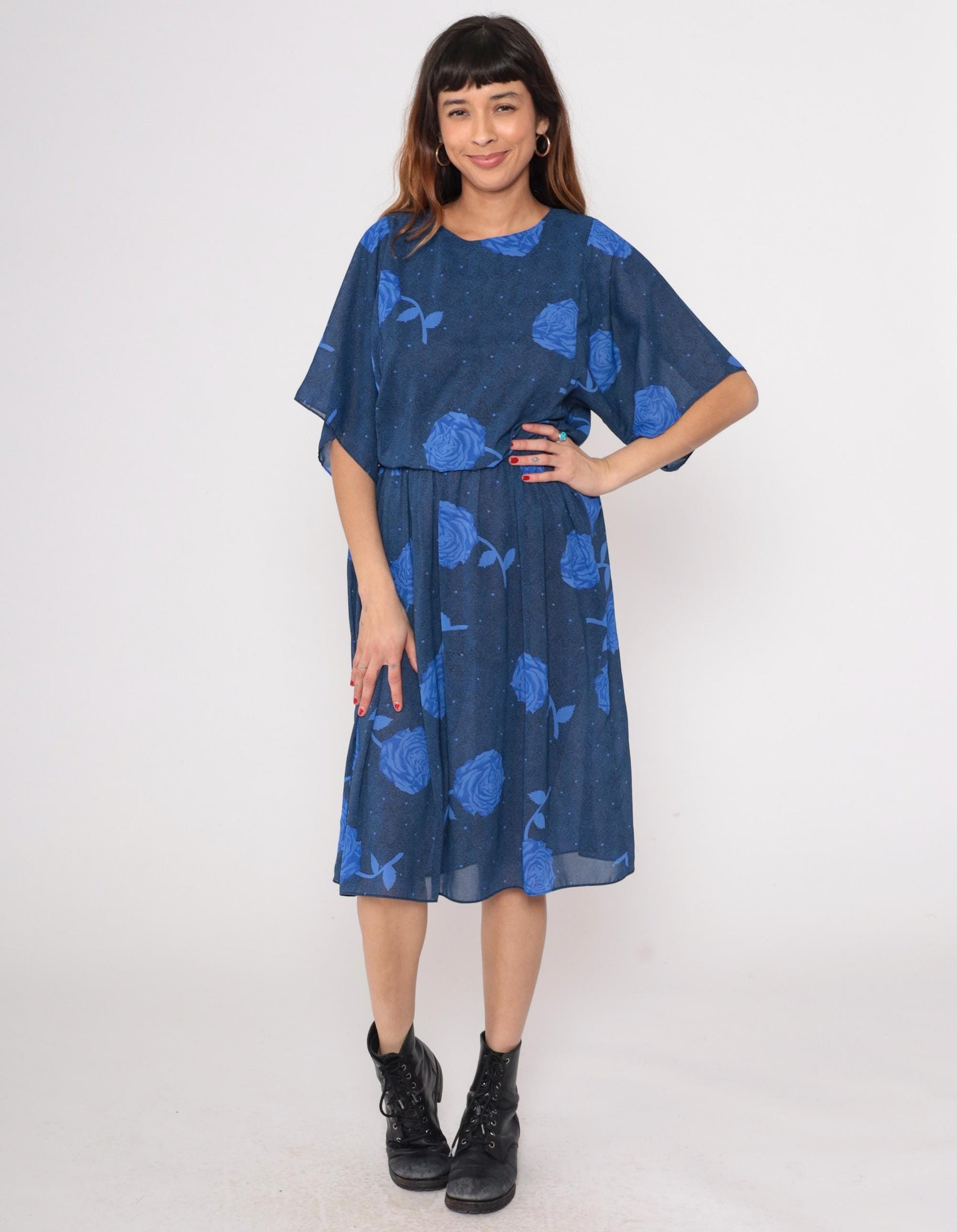 90s Navy Floral Midi Dress Positive Attitude Kimono Sleeve Small