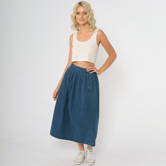 80s Calvin Klein Medium Blue Denim Midi Skirt High Waisted Pleated A-Line Small