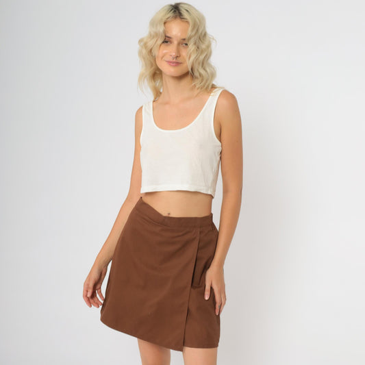 80s Girl Scouts Chocolate Brown Wrap Mini Skirt Elastic Waist Small