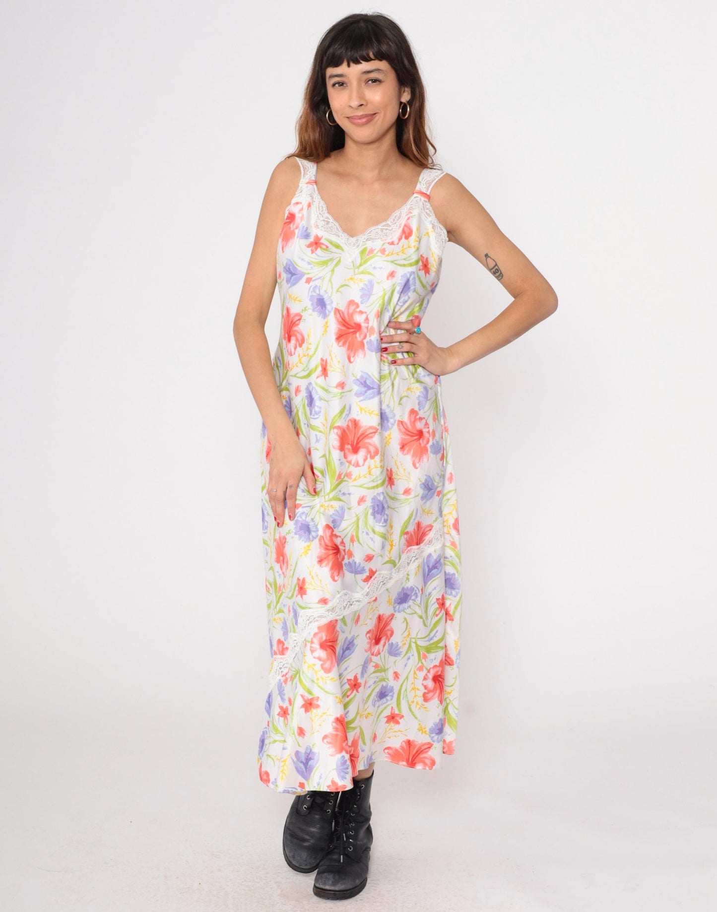 90s White Floral Maxi Slip Dress Coral Purple Lace Trim Large