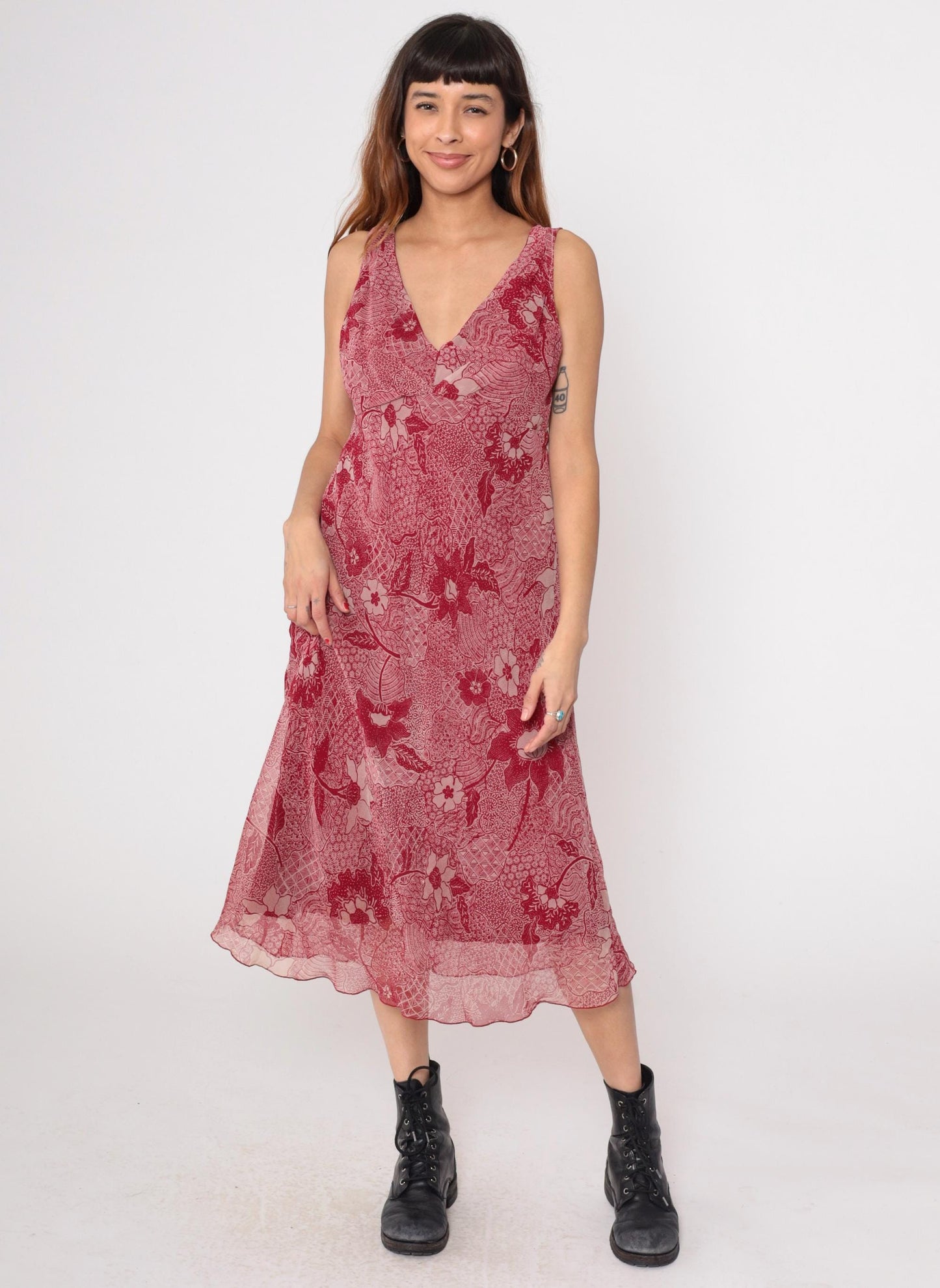 Y2K Red Paisley Midi Dress Sleeveless V Neck Floral Chiffon Medium